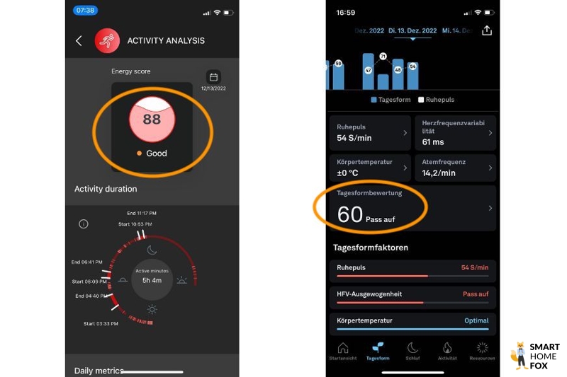 Man sieht die Energie-Scores des Oura und des Circular Rings.
